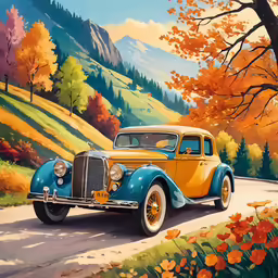 an old time scene shows a vintage blue car