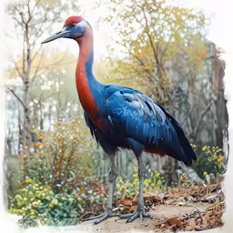 a blue and red bird standing in the middle of leaves