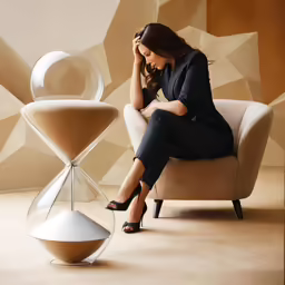 a woman sitting on a couch with a hour clock