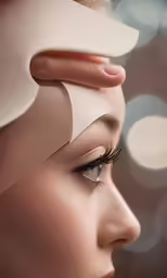 a woman with mascara is covering her eyes and looking down