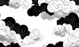 black and white clouds float against white and black background