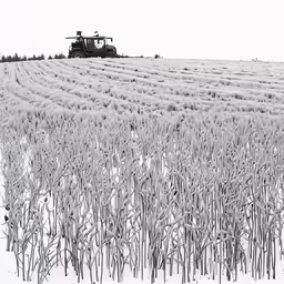 a tractor is driving across the field in winter