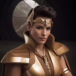 a young woman dressed in gold for an avatar photo shoot