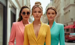three women are standing on a street in suits and sunglasses
