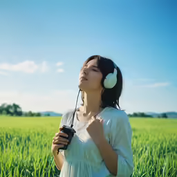 a woman is standing in a green field with her headphones on