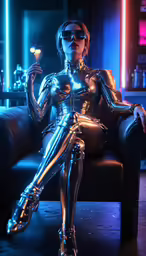 woman wearing chrome dress and high heels sitting on chair