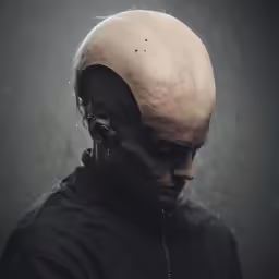 the head of an alien man with hair sticking out