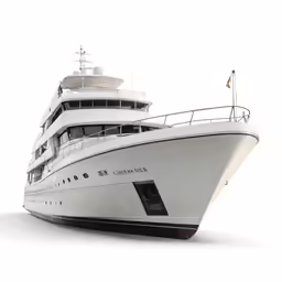the yacht is white and black and has a balcony on it