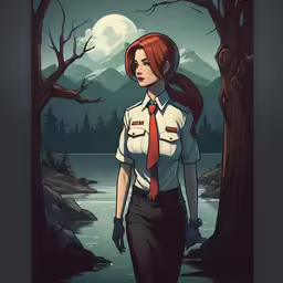 illustration of woman in dress clothes walking along river under full moon