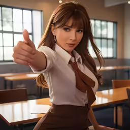 a girl pointing to the camera with an empty table in the background