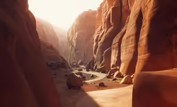 there is a narrow rock road that goes between two large rocks