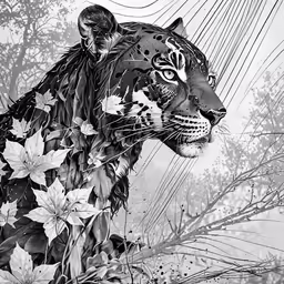 a drawing of a tiger with lots of flowers