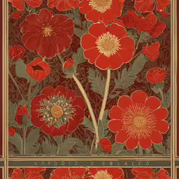 a painting of red flowers on a green background,an image of some red flowers in a floral pattern