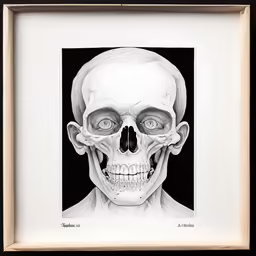 a black and white drawing of a skull in a frame