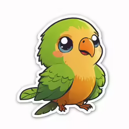 the sticker of an orange and green bird with blue eyes