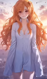 a red haired woman with long hair in an overcast day