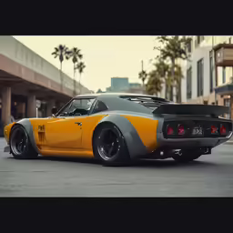 the classic yellow and grey muscle muscle car in the street