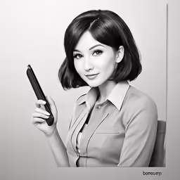 black and white photo of a woman pointing her phone