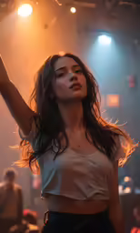 an asian woman with long dark hair and light brown shirt