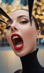 a woman with long black hair is holding scissors over her head