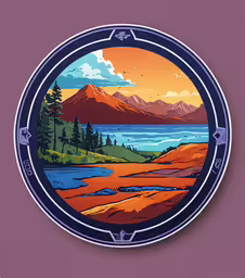 an orange and blue circle with a mountain scene,an art work of a lake and mountains