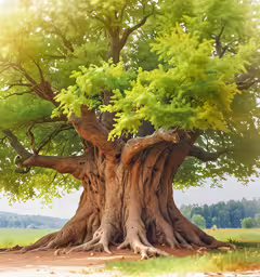 the very large and tall tree with a lot of leaves on it,an older tree sitting under a tree in the middle of the ground