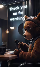 a teddy bear with glasses sitting at a table