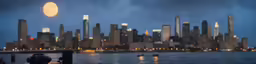 a night scene of the city with skyscrapers and a full moon over water