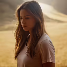 a woman with long brown hair stands in the middle of a field