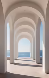 a long hallway has arches and sea view