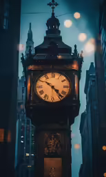a clock tower sitting next to other tall buildings