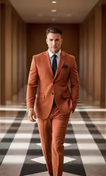 a man in a suit walking down the hall