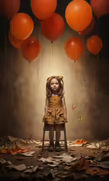a little girl is standing in a pile of broken paper with balloons
