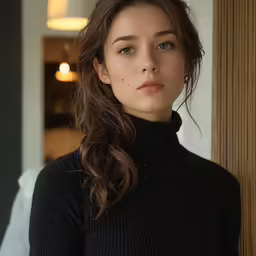 a young lady poses for the camera in a black turtle neck shirt
