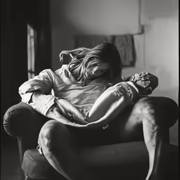a woman sitting on top of a chair holding a cell phone