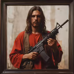 a man with a gun stands in front of a mirror