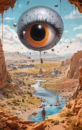 a painting showing a man in front of a strange looking eye