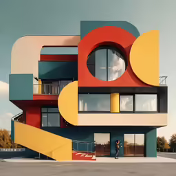 multicolored modern building in a parking lot