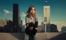 a woman is leaning against a wall in front of the city skyline