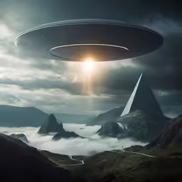 an alien spaceship flies over some mountains