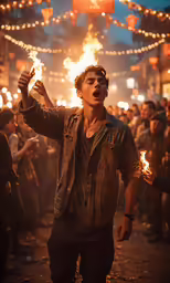 a man holds torches as people watch on the street