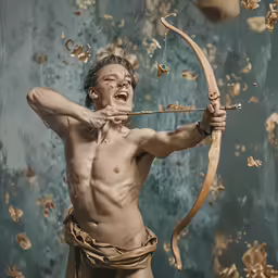 a nude man holding a bow and arrow with flowers coming out of it