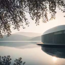 sun shining on the water, near a building