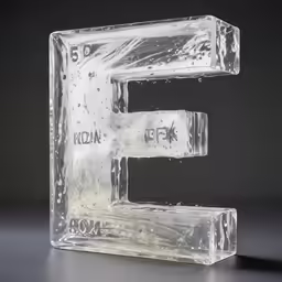 a clear ice block shaped like the letter e