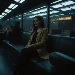 woman sitting on bench in train compartment area