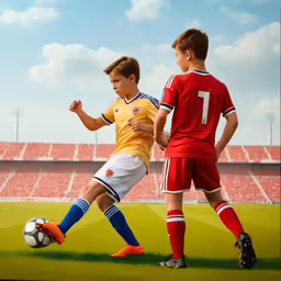 a boy kicking a soccer ball across the field