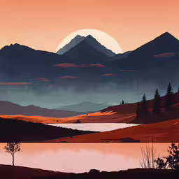 a lake surrounded by mountains during sunset,a painting of a mountain range during sunset