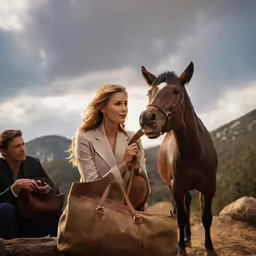 a woman sitting next to a horse holding the reins