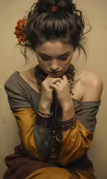a young woman sits down with her hands clasped