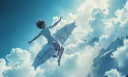 woman in a dress and with surfboard floating through the sky